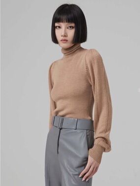 GANNI Merino Lace Rollneck Wool Sweater Embroidered Logo Starfish Fawn siz Small